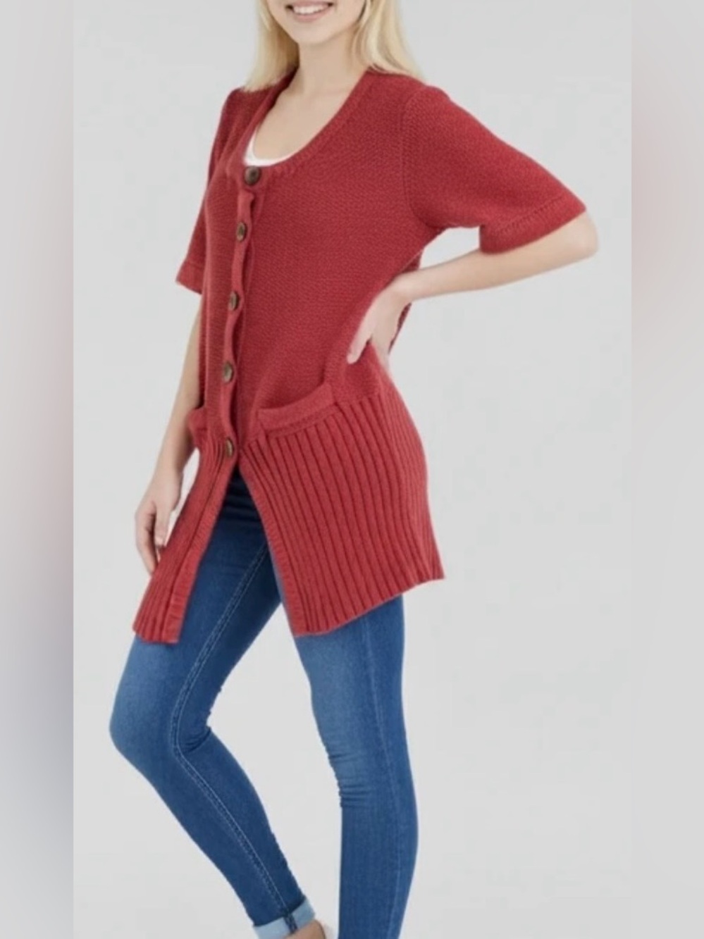 J. JILL rib knit cardigan button up pink sand short sleeve 2 pockets NEW size XL